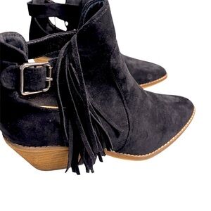 Beast Fashion Sunny 01 Slip On Side Cut Western Bootie 9 Black  Suede Fringe